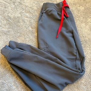 Figs Charcoal Gray Scrub Pants with Red Stitch Detail